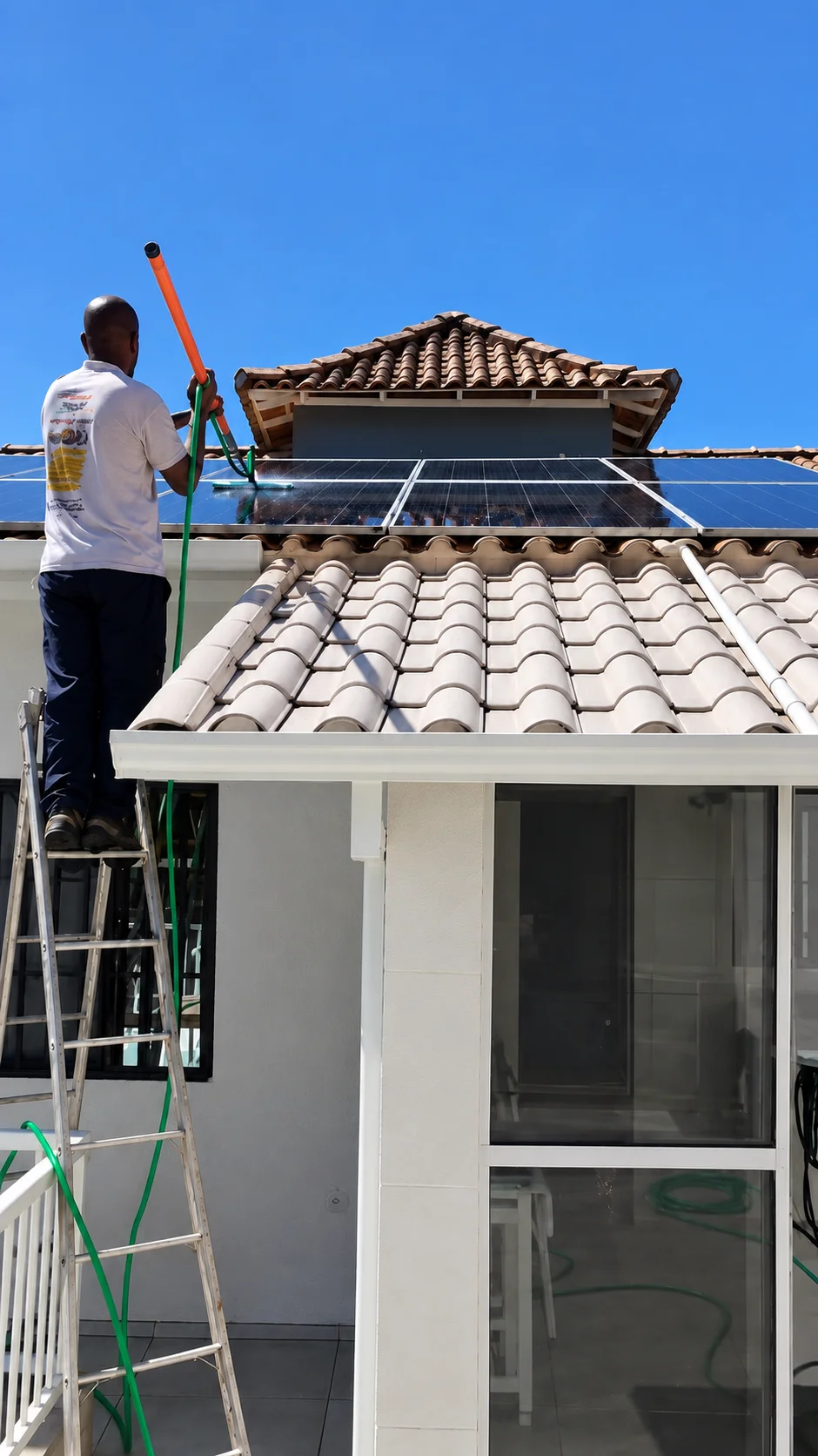 Profissional em escada realizando limpeza de painéis solares sobre um telhado residencial