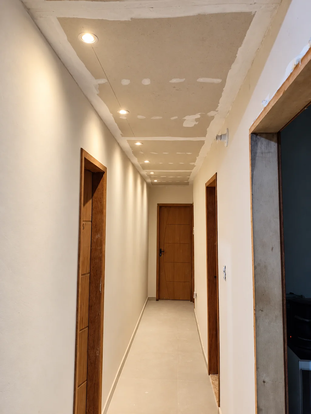 Iluminação com spots embutidos em corredor residencial, com forro em fase de acabamento